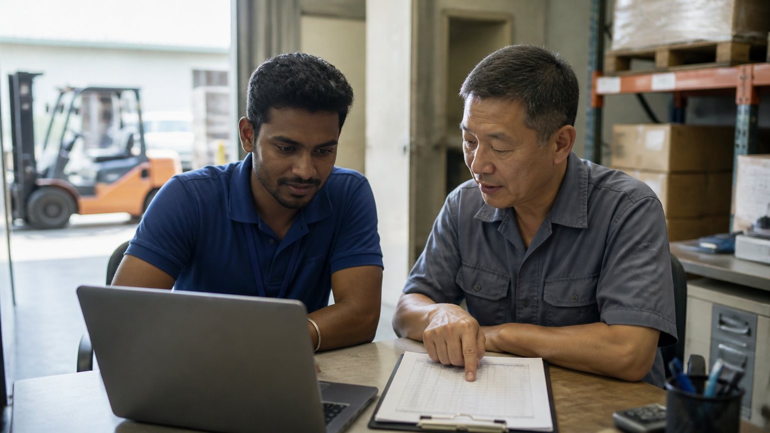 A consultant and a storekeeper work through the stock list together at a desk in the warehouse office.