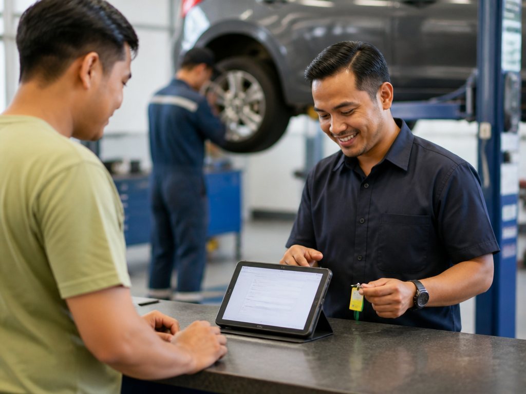 A service advisor checks a car in on a tablet at a workshop counter.