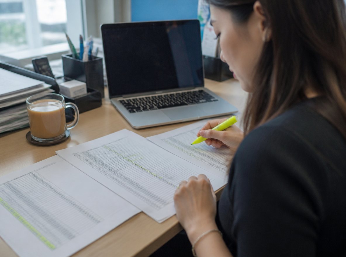 An accounts executive compares two customer lists and crosses out the duplicates.