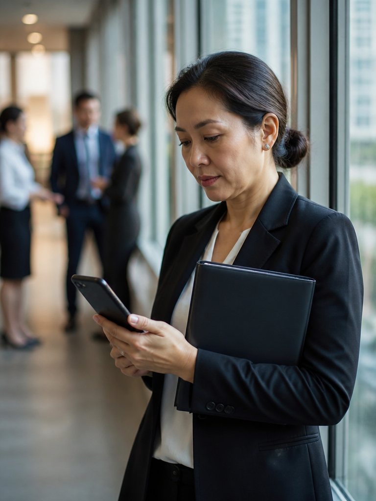 A finance manager approves a payment on her phone in an office corridor.