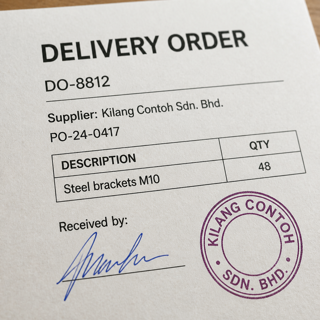 Close-up of the signed delivery order DO-8812 for PO-24-0417: 48 steel brackets M10, received and stamped by Kilang Contoh Sdn. Bhd.