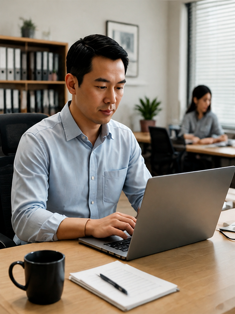 A finance manager at his desk reviews a purchase approval on his laptop.