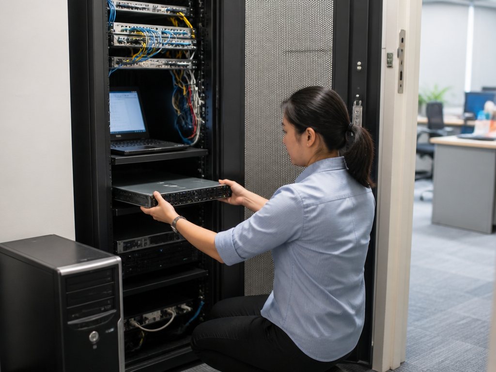 An IT administrator slides a new server into the office rack while the old one waits to be retired.