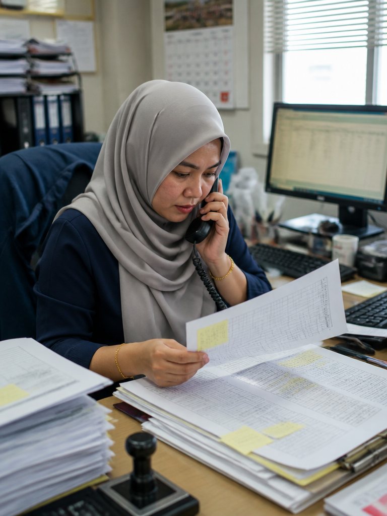 A purchasing executive at a desk stacked with delivery orders and invoices, on the phone chasing a signature.